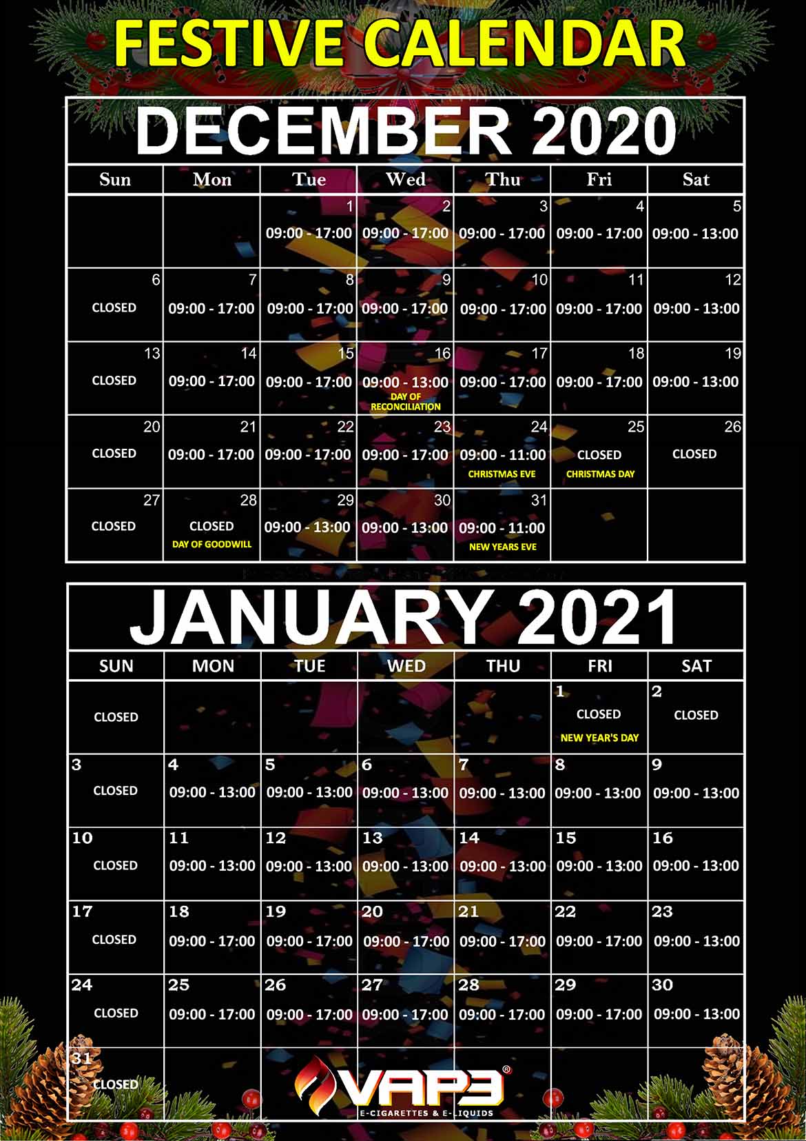 trading hours 2021 festive season